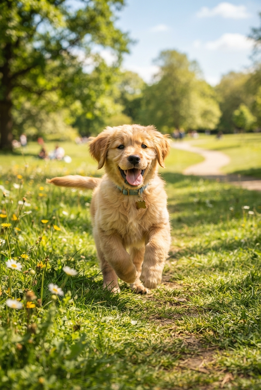 Blije golden retriever in een zonnig park